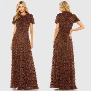 Mac Duggal 8042 Ruffle Tiered High Neck Dress NWT Chocolate Brown Multi Size 16